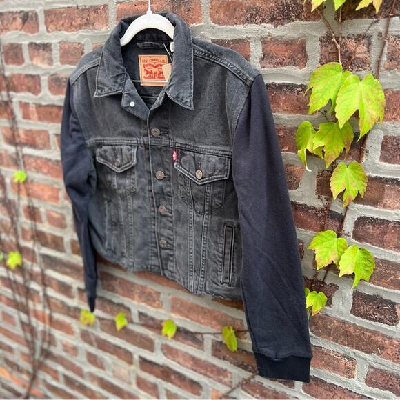 NEW Size XS Levis Ex Boyfriend Denim Hybrid Trucker Jean Jacket Washed Black - Picture 5 of 9
